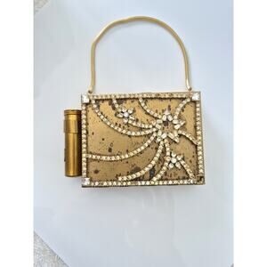 Vintage 1940s Gold-tone Rhinestone Compact Lipstick and Cigarette Case Purse